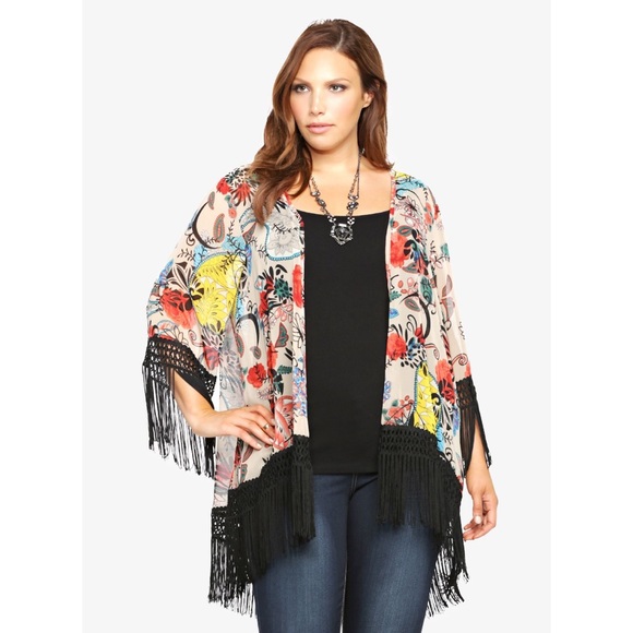 torrid Tops - ⬇️Torrid tan floral chiffon fringe trim kimono